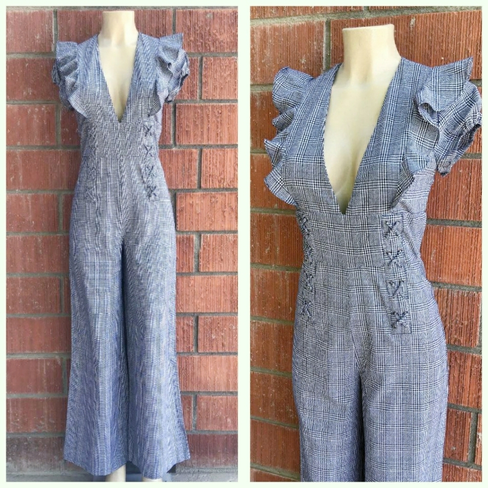 LAST ONE❗CURRENT AIR Plaid Ruffles Detail Jumpsuit - Picture 9 of 11